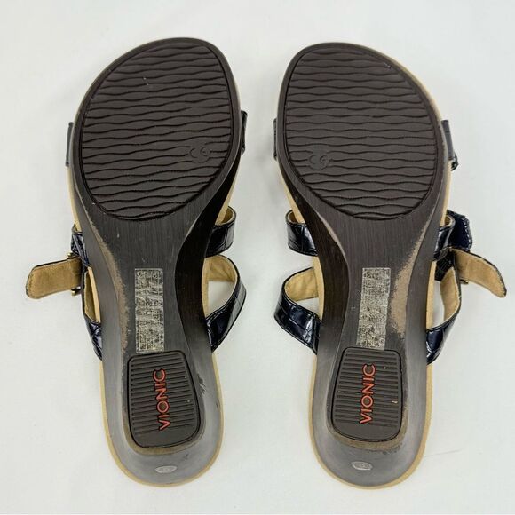 Vionic RADIA Blue Patent Reptile Embossed Triple T Strap Slide Wedge Sandals - Picture 13 of 14